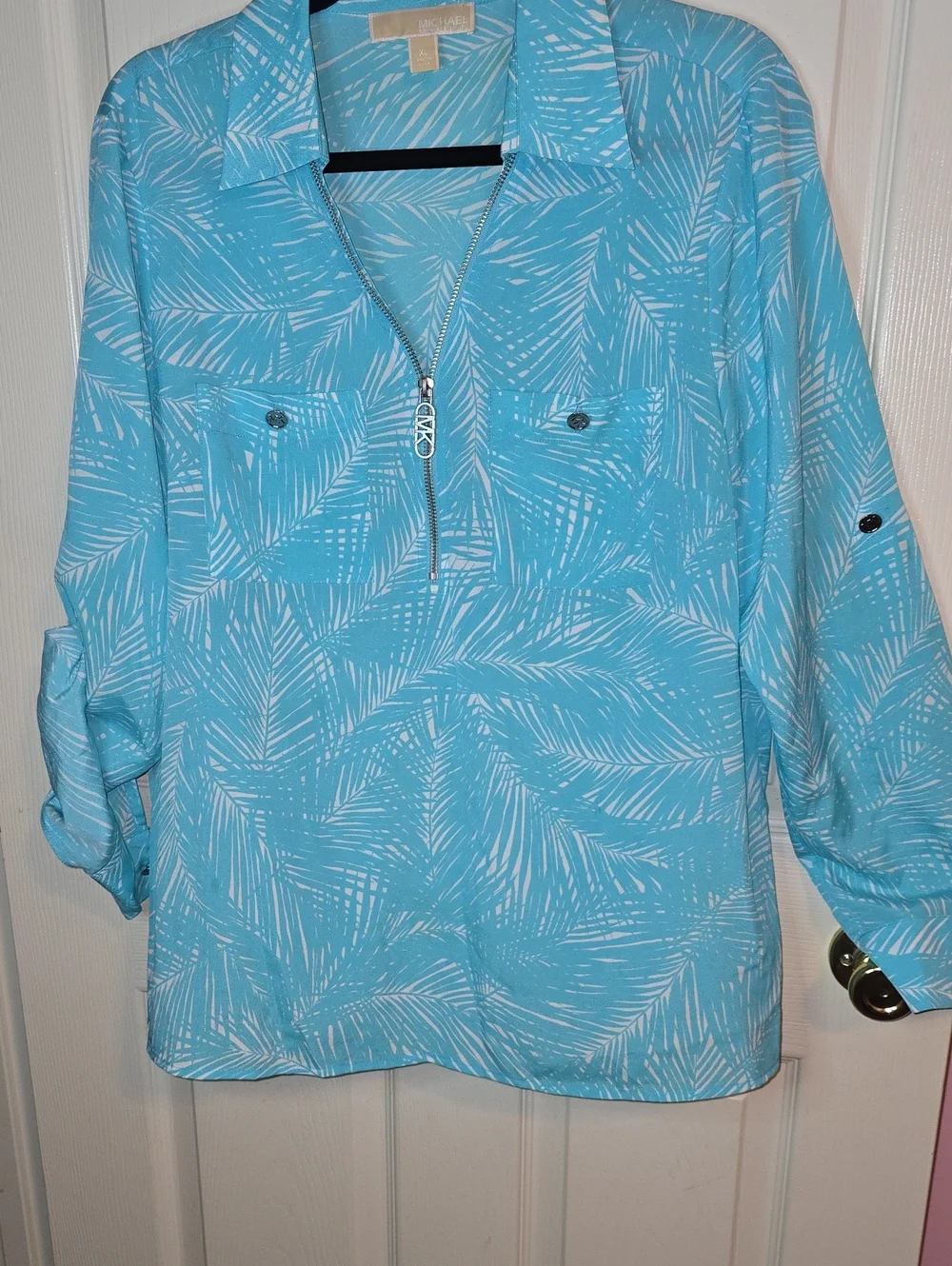 Michael Kors Light Blue and White Palm-Print Zip Front Blouse